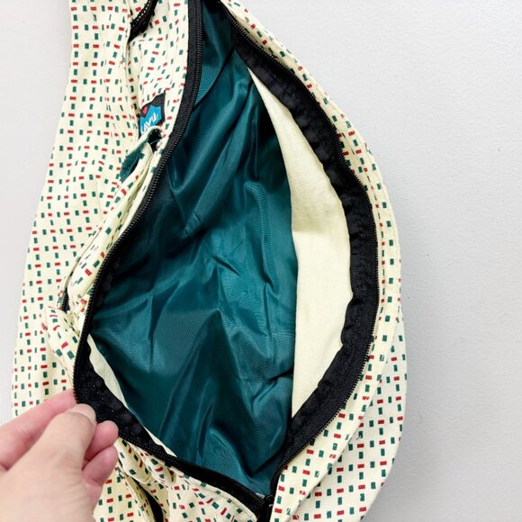 KAVU Original Rope Sling Bag Crossbody Pack Cotton Canvas Dash Print Ivory Teal